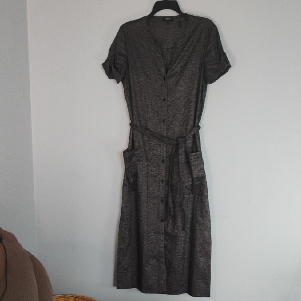 THEORY Maxi Shirt Dress Size 6 Linen Heather Gray Button Down High Slit Side